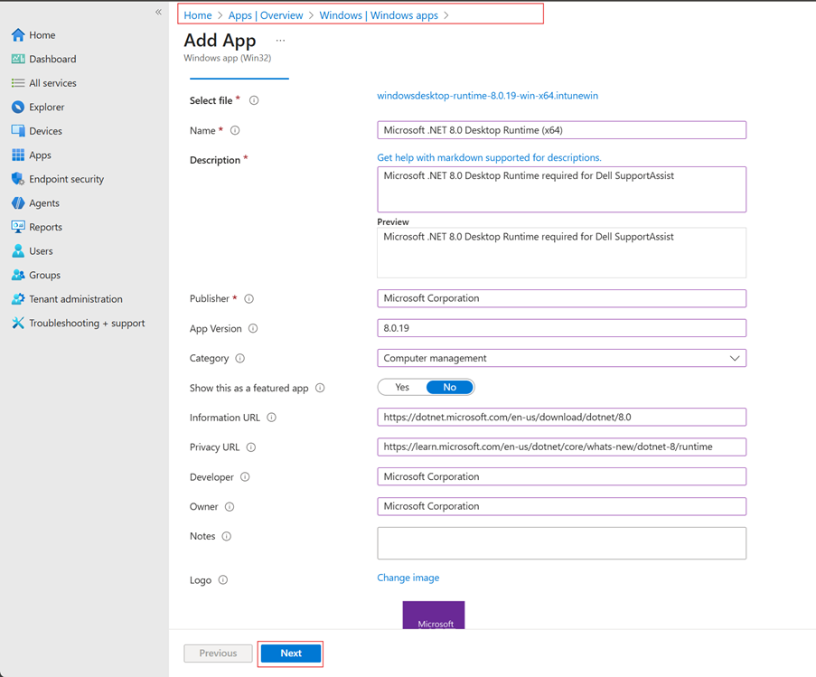 Configure .NET 8.0 App Information